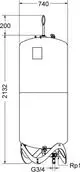 Vertikales, zylindrisches Gefäß mit Aufhängung, Anschlussventilen und Druckmessgeräten, hergestellt von IMI Hydronic Engineering. Klar strukturierte Zeichnung.